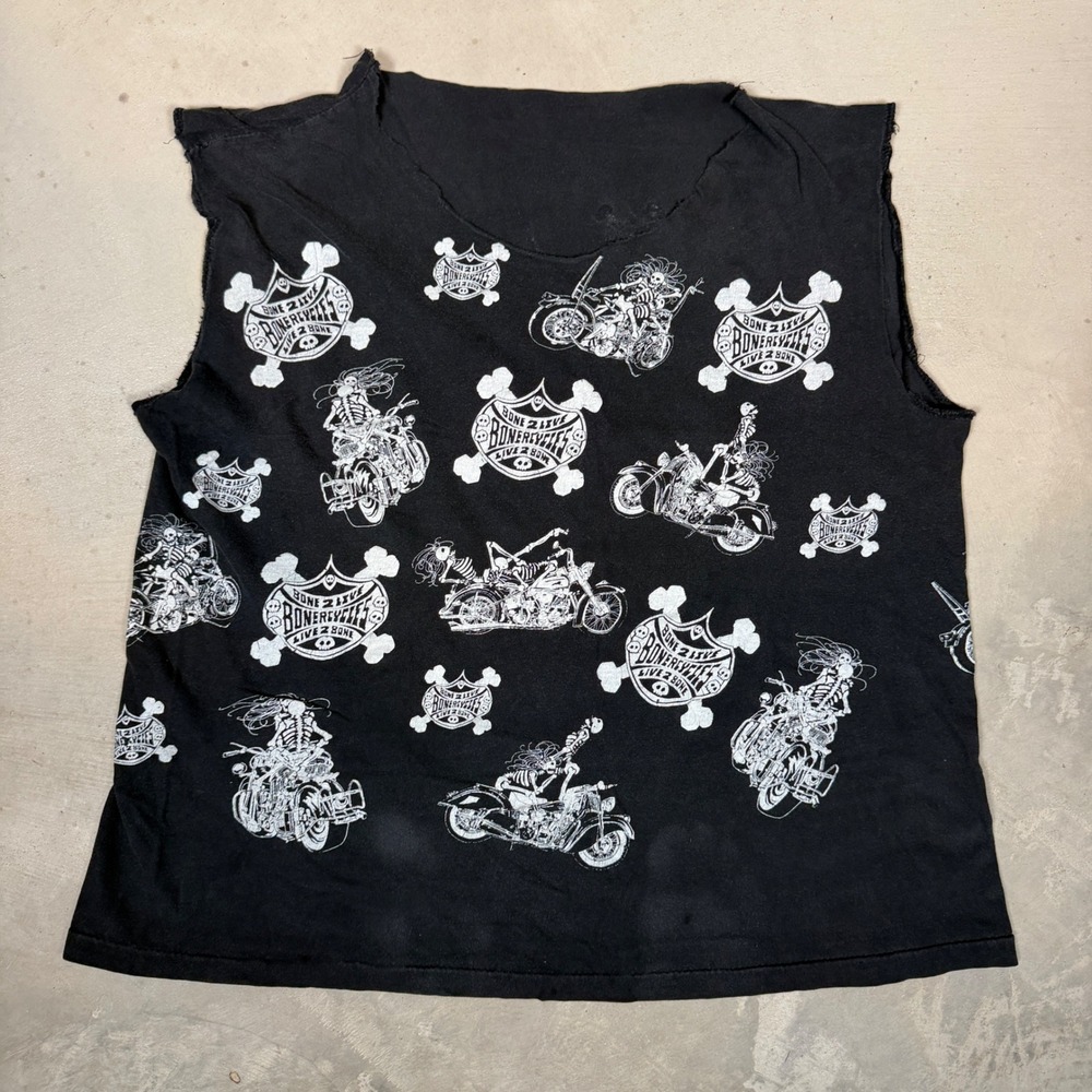 Vintage Bonercycles All Over Print Skeleton Biker Cut Off Tank Top Mens Black